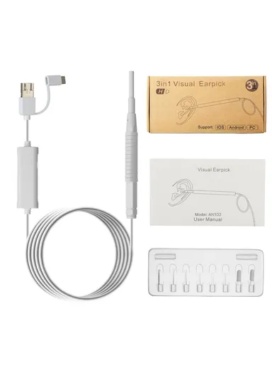 3-in-1 0.39cm Otoscope Camera Ear Scope Endoscope Ear Wax Removal Tool AN103 (App: AN CAMERA) - White