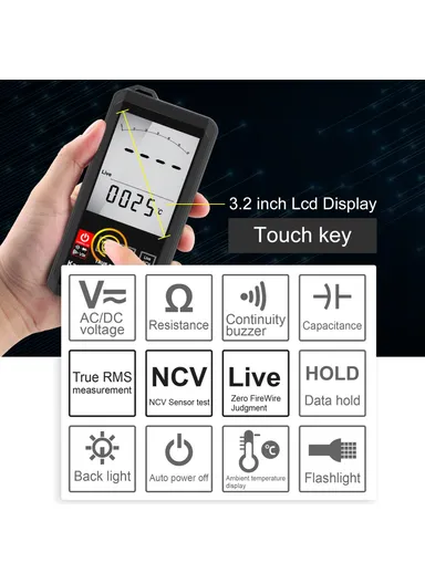 Touch Screen Digital Multimeter Portable White Backlit DC / AC Voltage Tester Without Battery KM-DM06A (L13.9 x W6.8 x T1.8)cm