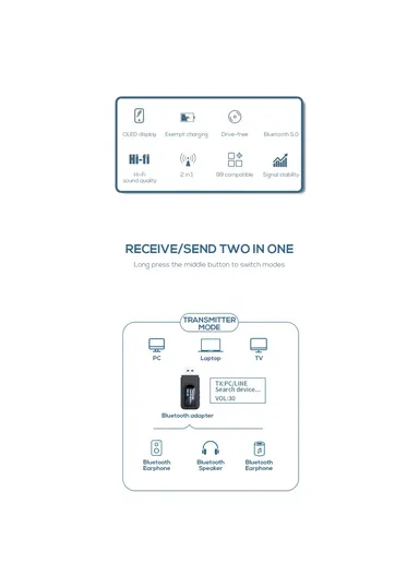 T1 Bluetooth 5.0 Receiver Transmitter With Display Screen Mini USB 3.5mm Audio Wireless Adapter for TV PC Car Headphone
