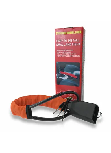 Seat Belt Buckle Design Car Security Steel Cable Steering Wheel Lock With 3 Keys - Black