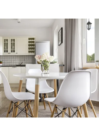 4Pcs PP+Glass Fiber Wooden Legs High-Quality Modern Eiffel Style Chair For Living Room, Restaurant, Cafe Shops &amp; Hotels (L44 x W46 x H83)cm - White 