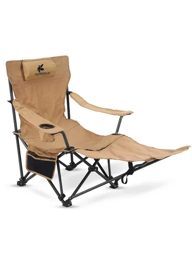 Adjustable Portable Lounge Chair with High Backrest, Headrest, Cup Holder &amp; Side Pocket, Heavy Duty Lay Flat Tanning Chair FX-7126 (L110 x W82 x H87)cm - Beige