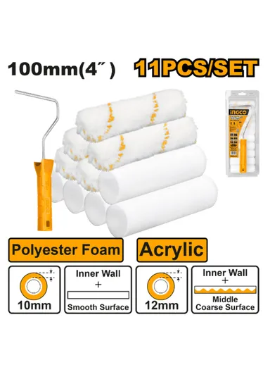 100mm/4'' 12 In 1 Acrylic &amp; Polyester Foam Cylinder Paint Roller Set HKTCB121001