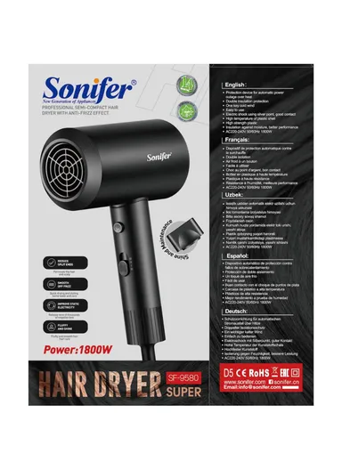 1800W Electric Compact Hair Dryer with 2-Speeds, 3-Adjustable Temperature Settings Hair Dryer with Concentrator Nozzle SF-9580