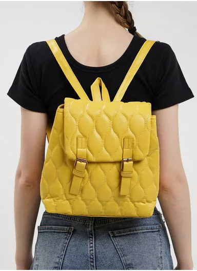 PU Streamlined Flap Backpack Quilted With Buckle Decor - Yellow