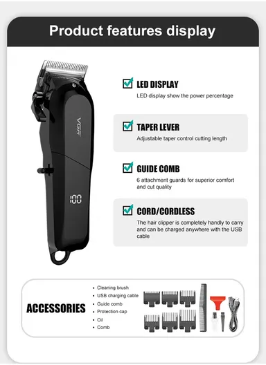 5W 2000mAh USB Corded &amp; Cordless Digital Display Professional Hair Clipper With Long Comb &amp; Attachments VGR V-118