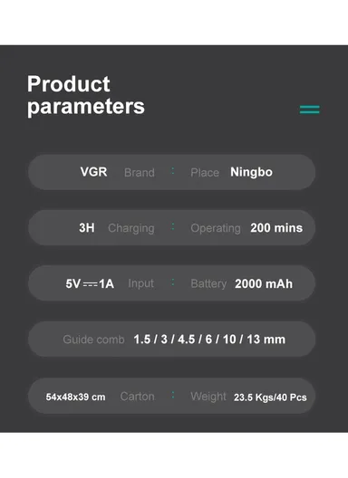 5W 2000mAh USB Corded &amp; Cordless Digital Display Professional Hair Clipper With Long Comb &amp; Attachments VGR V-118