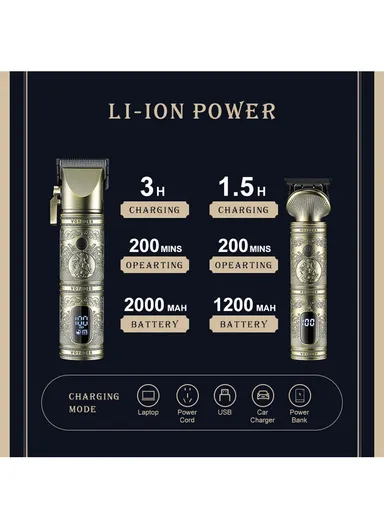 5W 2000mAh/1200mAh 2Pcs USB Corded &amp; Cordless Digital Display 15 in 1 Professional Hair Clipper &amp; Trimmer Set V-670