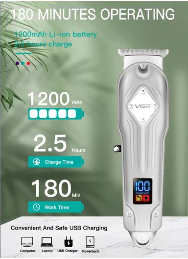 3W 1200mAh Corded &amp; Cordless USB Digital Display Professional Hair Trimmer -261 - Silver