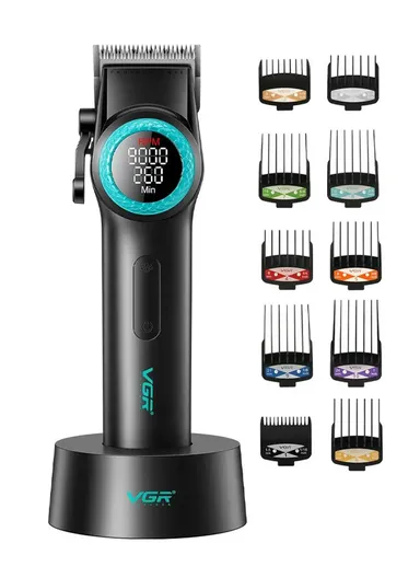 Rechargeable Professional LED Display Hair Trimmer Kit With 10 Guide Combs &amp; Charging Base V-001