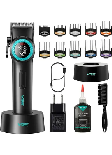 Rechargeable Professional LED Display Hair Trimmer Kit With 10 Guide Combs &amp; Charging Base V-001