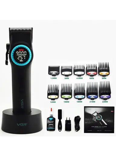 Rechargeable Professional LED Display Hair Trimmer Kit With 10 Guide Combs &amp; Charging Base V-001