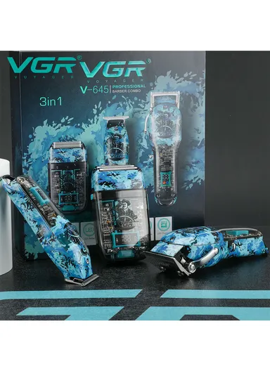 3-In 1 Clipper, Trimmer &amp; Shaver Cord &amp; Cordless Professional Blue Marine Beard Combo Set With LED Display &amp; Accessories V-645