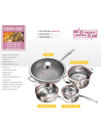 8Pcs 24cm Casseole + 24CM Frypan + 16CM Saucepan + 34CM Wokpan Stainless Steel Cookware Set CA004-S07
