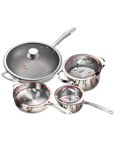 8Pcs 24cm Casseole + 24CM Frypan + 16CM Saucepan + 34CM Wokpan Stainless Steel Cookware Set CA004-S07