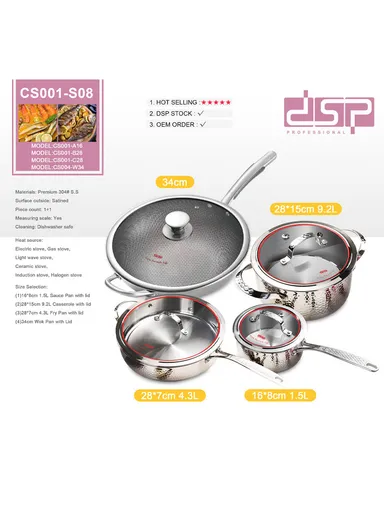 8Pcs 28cm Casserole + 28CM Frypan + 16CM Saucepan + 34CM Wokpan Stainless Steel Cookware Set CA004-S08