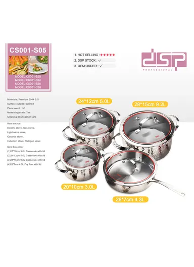 8Pcs 20/24/28cm Casseroles + 28CM Frypan Stainless Steel Non-Stick Cookware Set CA004-S05