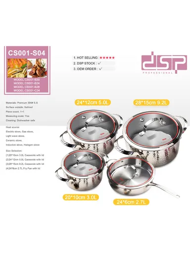 8Pcs 20/24/28cm Casseroles + 24CM Frypan Stainless Steel Cookware Set CA004-S04