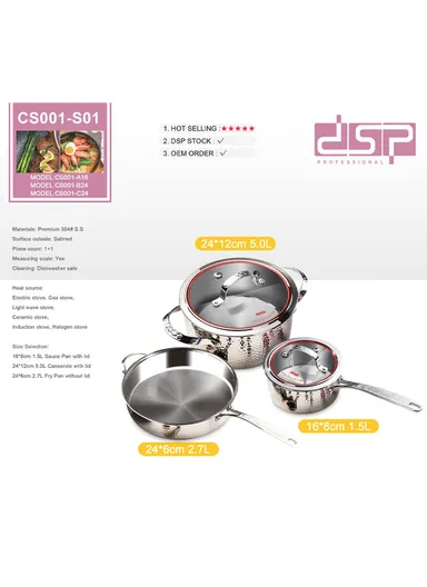 5Pcs 24CM Casserole + 16CM Saucepan + 24CM Frypan Stainless Steel Cookware Set CA004-S01