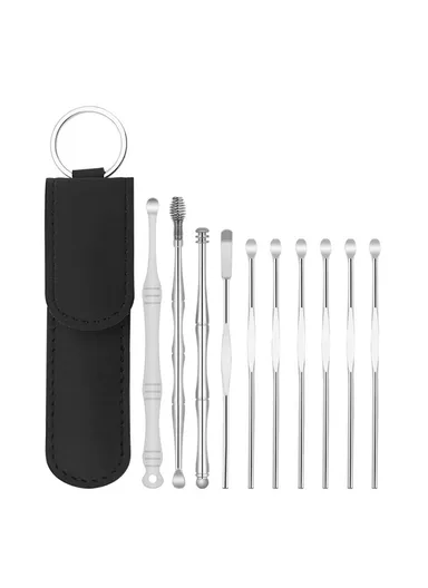 10Pcs/Set Ear Pick Earwax Removal Kit Stainless Steel Earpick Ear Spoon Cleaning Tool Set with Storage Pouch - Black