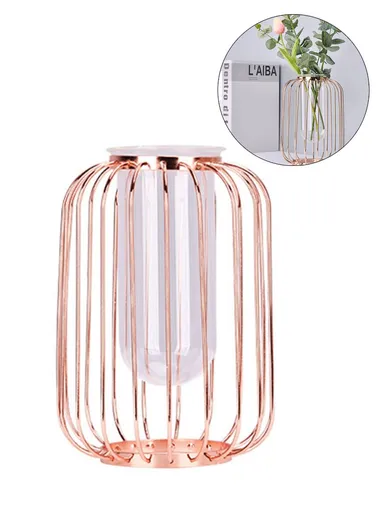Luxury Transparent Glass Vase with Iron Stand Lantern Shaped Geometric Hydroponic Vase Home Decoration, Size S (D16 x H22.5)cm - Rose Gold