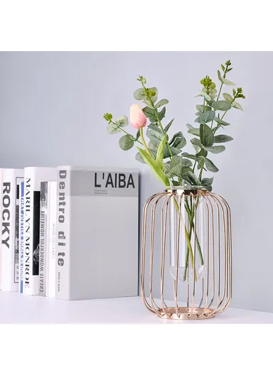 Luxury Transparent Glass Vase with Iron Stand Lantern Shaped Geometric Hydroponic Vase Home Decoration, Size S (D16 x H22.5)cm - Rose Gold