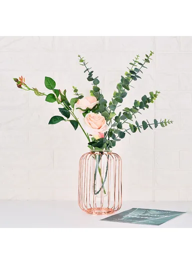 Luxury Transparent Glass Vase with Iron Stand Lantern Shaped Geometric Hydroponic Vase Home Decoration, Size S (D16 x H22.5)cm - Rose Gold