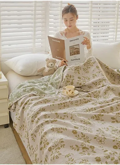 Class A Cotton Blanket, Summer Towel Quilt Air Conditioning Blanket (L200 x W230)cm - Plant / Green