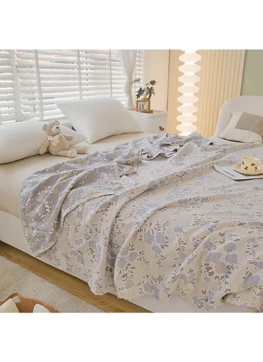 Class A Cotton Blanket, Summer Towel Quilt Air Conditioning Blanket (L200 x W230)cm - Flower / Blue