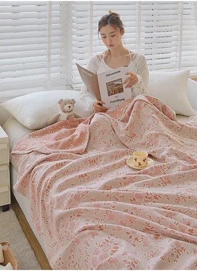 Class A Cotton Blanket, Summer Towel Quilt Air Conditioning Blanket (L200 x W230)cm - Flower / Pink
