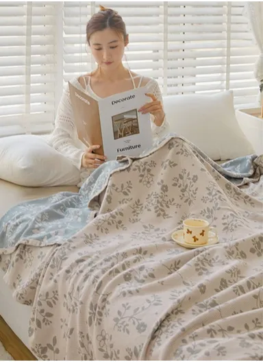 Class A Cotton Blanket, Summer Towel Quilt Air Conditioning Blanket (L150 x W200)cm - Plant / Blue