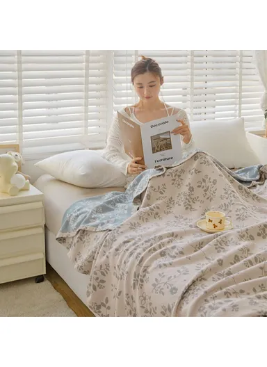 Class A Cotton Blanket, Summer Towel Quilt Air Conditioning Blanket (L150 x W200)cm - Plant / Blue