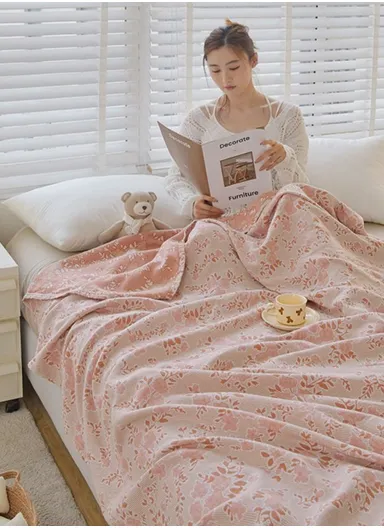 Class A Cotton Blanket, Summer Towel Quilt Air Conditioning Blanket (L150 x W200)cm - Flower / Pink