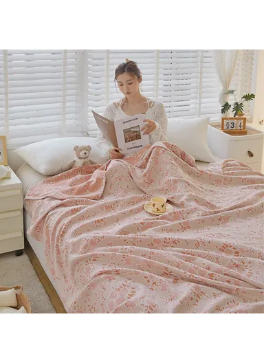 Class A Cotton Blanket, Summer Towel Quilt Air Conditioning Blanket (L150 x W200)cm - Flower / Pink