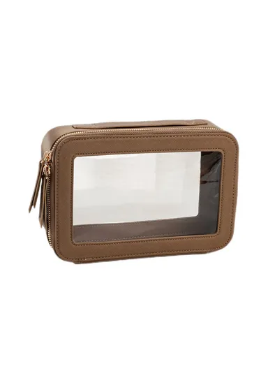 Single Layer Transparent Makeup Bag Waterproof PU Leather Cosmetic Bag - Khaki