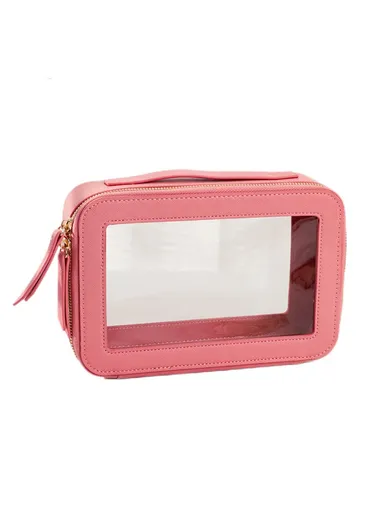 Single Layer Transparent Makeup Bag Waterproof PU Leather Cosmetic Bag - Rose