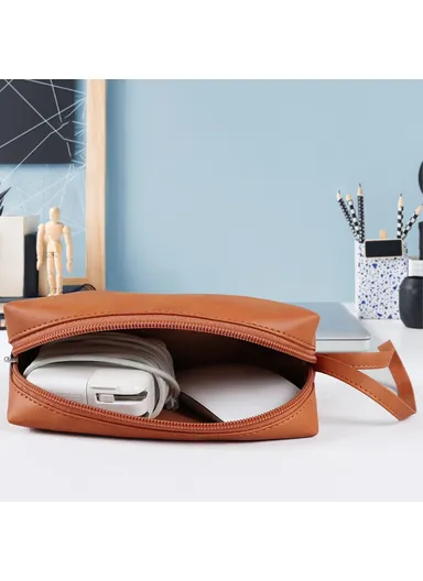 PU Leather Storage Bag Electronic Accessory Organizer With Hand Strap - Pink