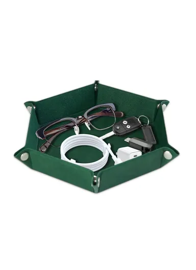 8" PU Leather Sundries Organizer Tray Metal Buttons Design Desktop Storage Tray - Blackish Green