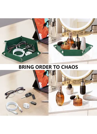 8" PU Leather Sundries Organizer Tray Metal Buttons Design Desktop Storage Tray - Blackish Green