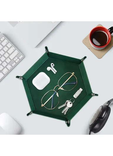 8" PU Leather Sundries Organizer Tray Metal Buttons Design Desktop Storage Tray - Blackish Green