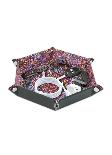 8" PU Leather Sundries Organizer Tray Metal Buttons Design Desktop Storage Tray - Bohemian Purple