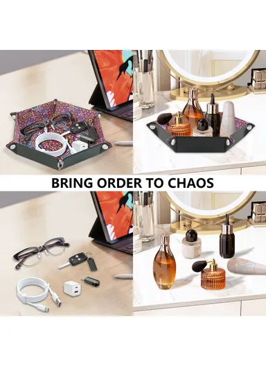 8" PU Leather Sundries Organizer Tray Metal Buttons Design Desktop Storage Tray - Bohemian Purple
