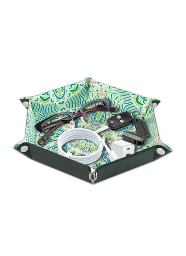 8" PU Leather Sundries Organizer Tray Metal Buttons Design Desktop Storage Tray - Bohemian Green