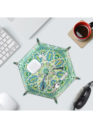 8" PU Leather Sundries Organizer Tray Metal Buttons Design Desktop Storage Tray - Bohemian Green