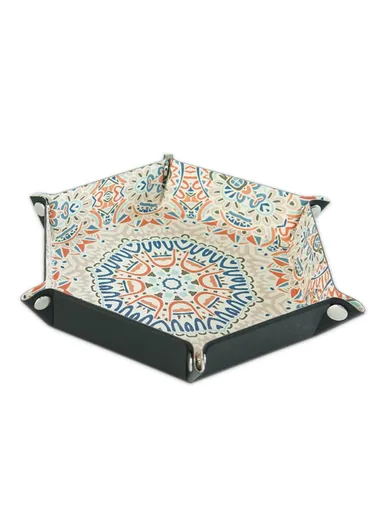 8" PU Leather Sundries Organizer Tray Metal Buttons Design Desktop Storage Tray - Bohemian Orange