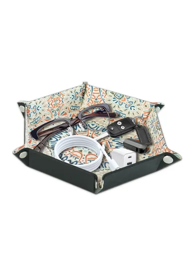 8" PU Leather Sundries Organizer Tray Metal Buttons Design Desktop Storage Tray - Bohemian Orange