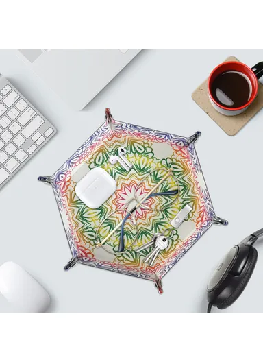 8" PU Leather Sundries Organizer Tray Metal Buttons Design Desktop Storage Tray - Bohemian Yellow