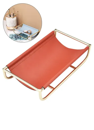 Iron Art Leather Sundries Organizer Tray Home Desktop Keys Watch Phone Storage Tray Decoration - Red-brown