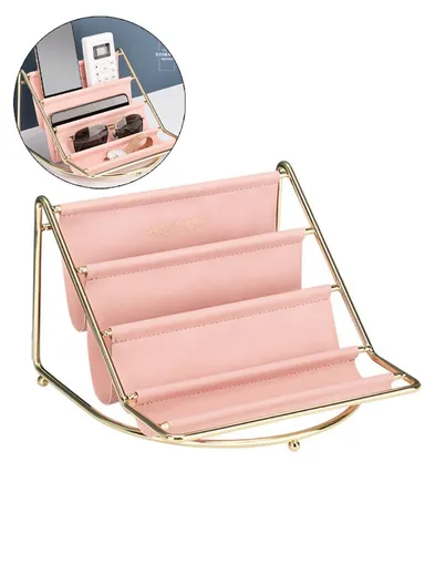 Golden Iron Storage Tray Multi-layer Desktop Organizer Cosmetic Sundries Rack (W20 x D19.5 x H14)cm - Pink