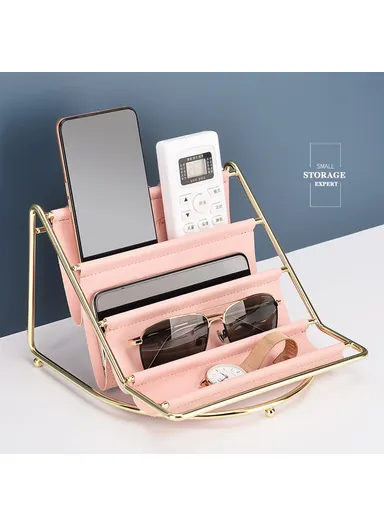 Golden Iron Storage Tray Multi-layer Desktop Organizer Cosmetic Sundries Rack (W20 x D19.5 x H14)cm - Pink
